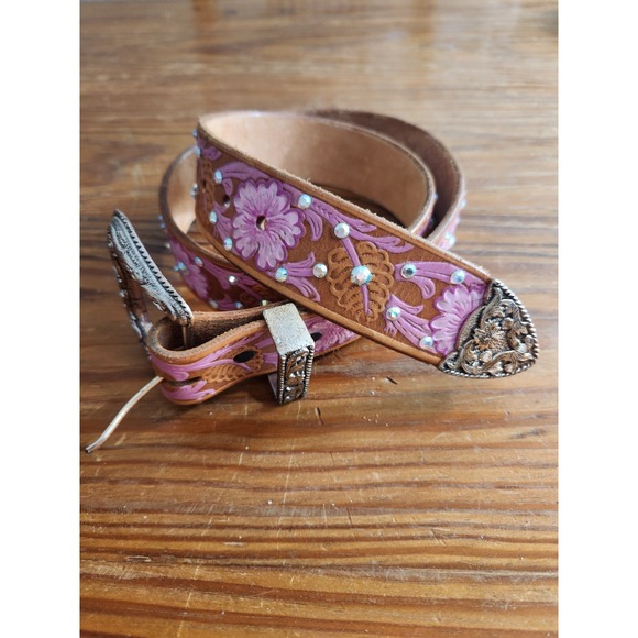 Hand Tooled &‎ Painted Leather Belt AB Swarovski Iridescent Crystals Custom M/L - Picture 2 of 14